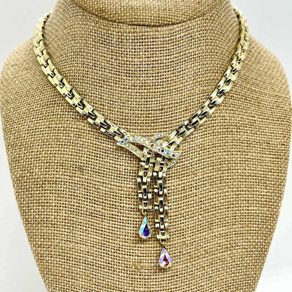 VINTAGE CORO MCM Necklace Gold Tone AB Aurora Borealis Tassel Drop Signed